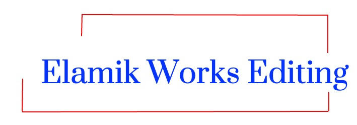 Logo for academic and research publication editing company Elamik Works Editing. Bright blue text reading "Elamik Works Editing" and red borderlines in a box.